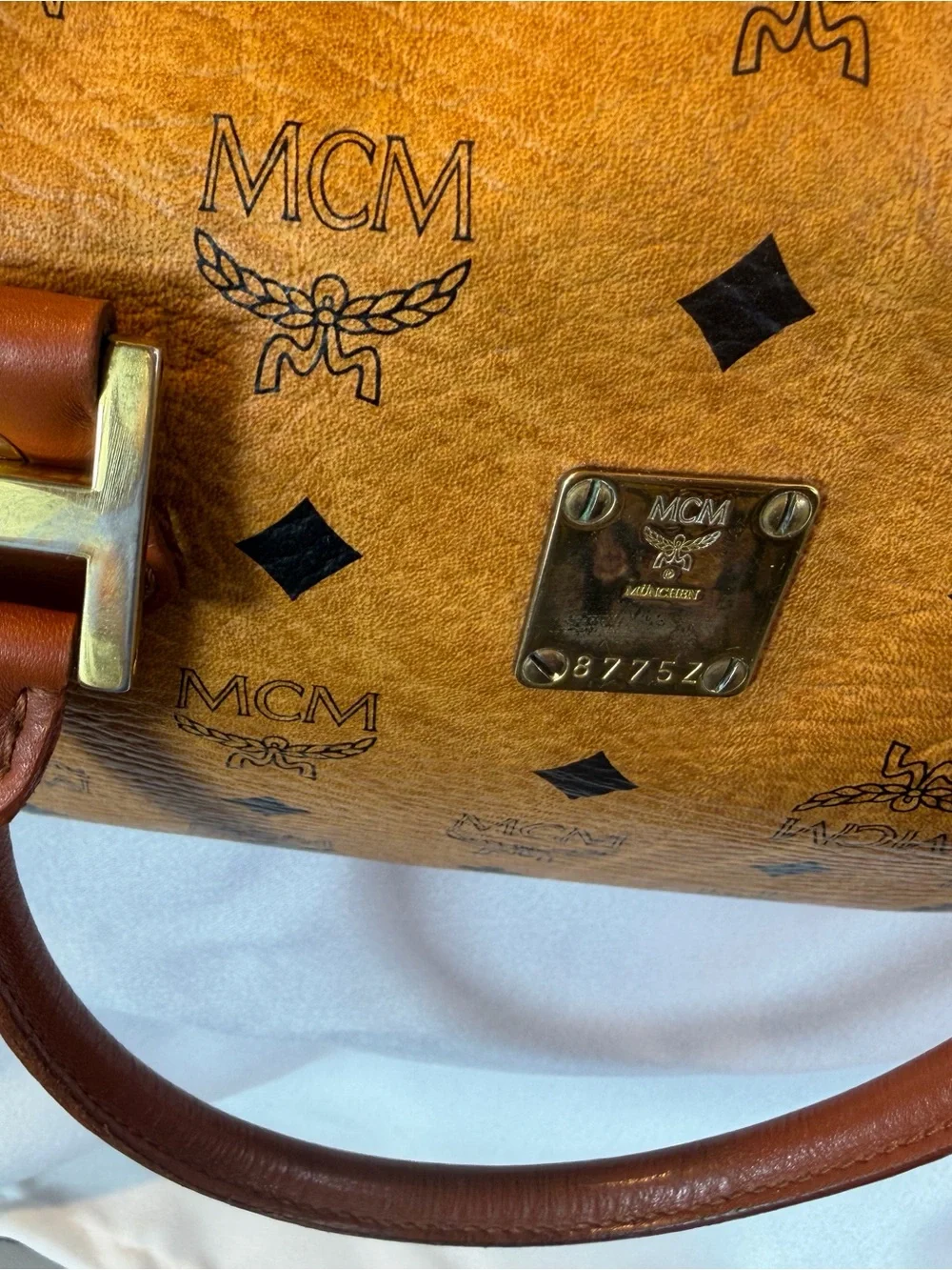 MCM Cognac Visetos Satchel with Tan Trim and Gold Hardware